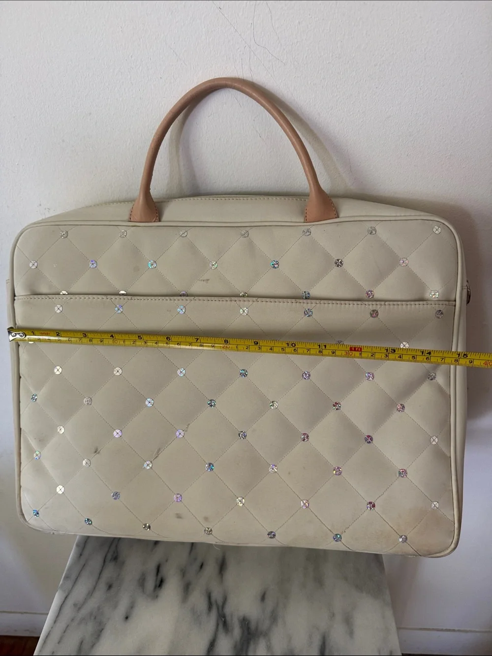 Abbi Cream Quilted Laptop Bag with Crystal Studs and Tan Trim